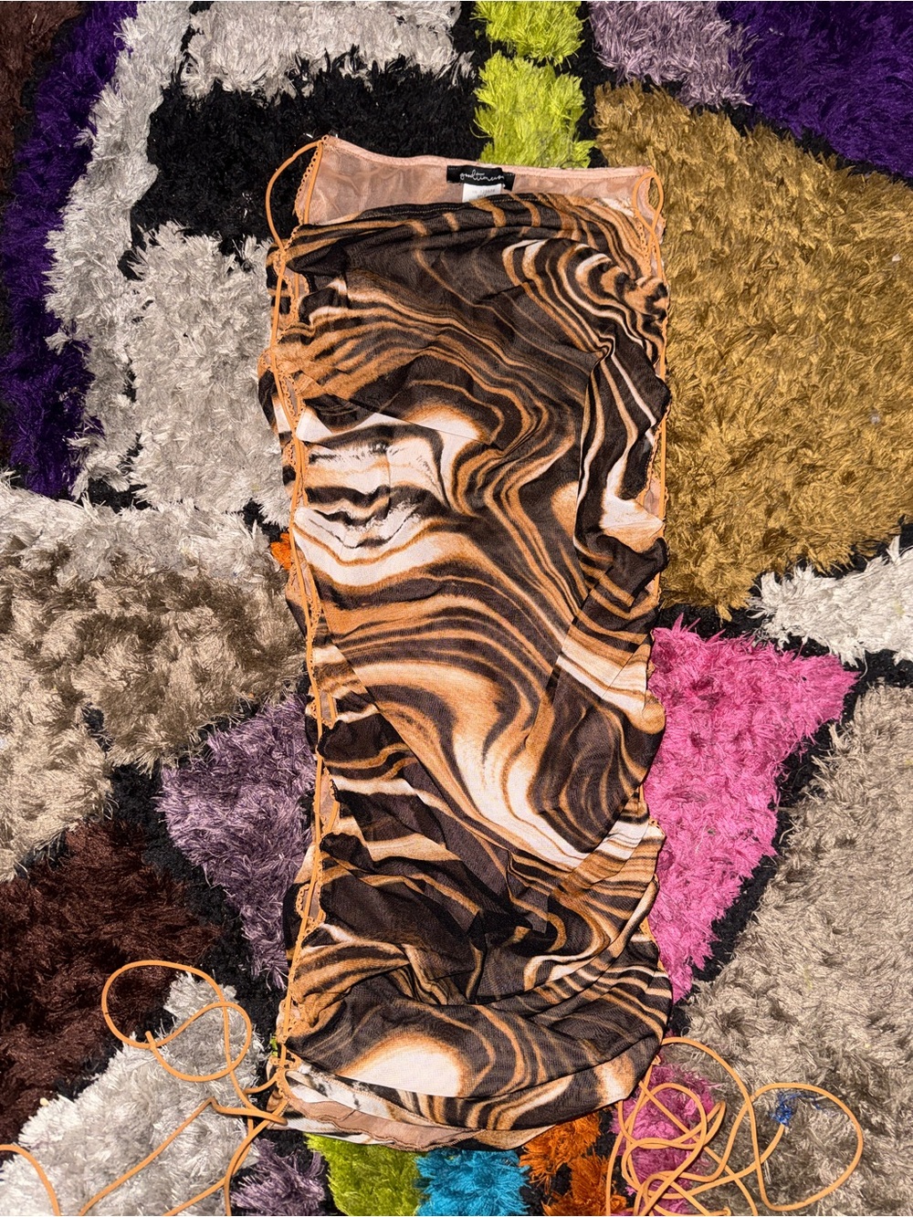 Ruched Mesh Midi Dress in Brown & Orange Animal Swirl